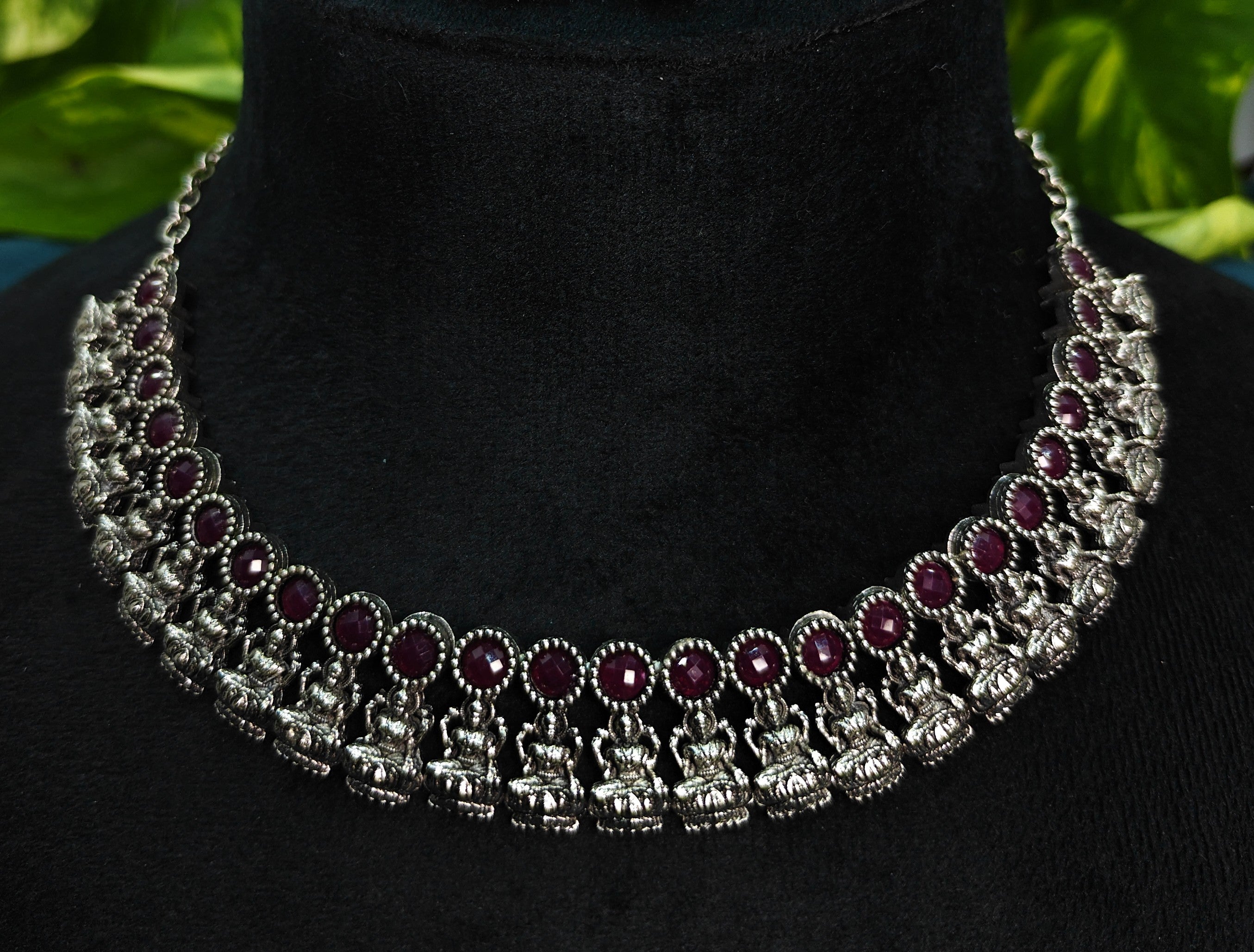 Antique Silver Ruby Maroon Lakshi Necklace Set for Women - Matte Finish