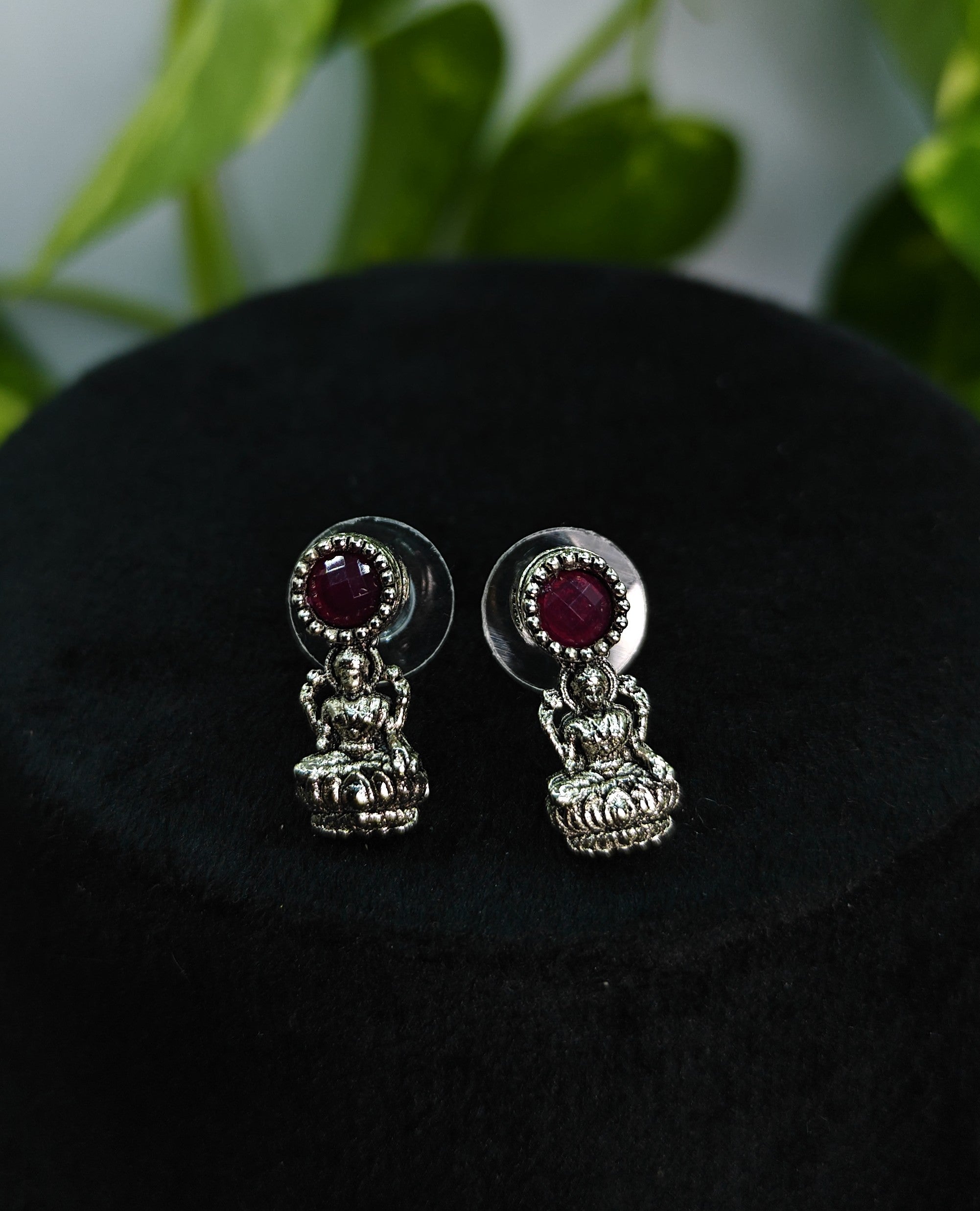 Antique Silver Ruby Maroon Lakshi Necklace Set for Women - Matte Finish