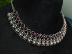 Antique Silver Ruby Maroon Lakshi Necklace Set for Women - Matte Finish