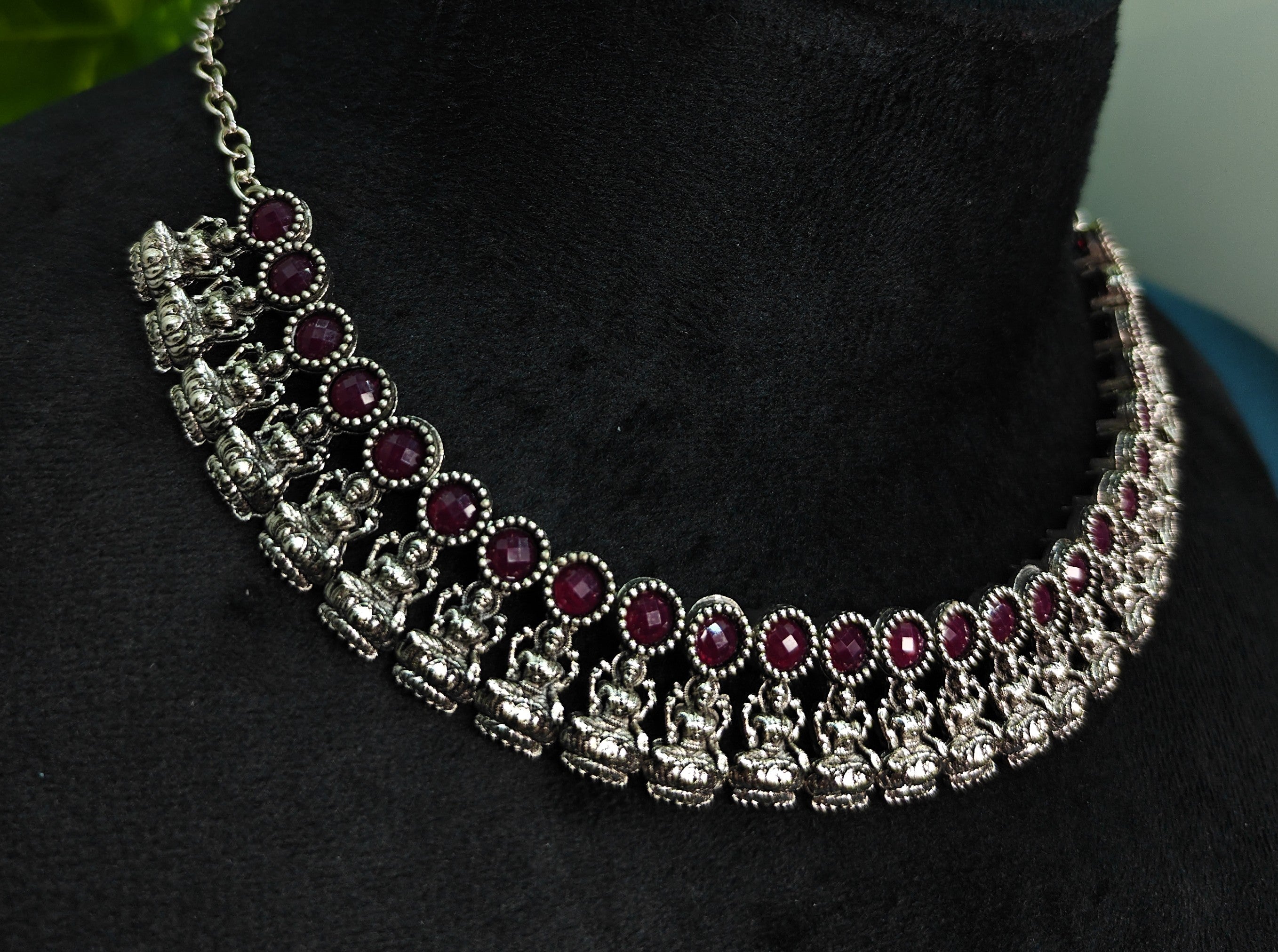 Antique Silver Ruby Maroon Lakshi Necklace Set for Women - Matte Finish
