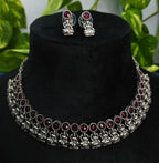 Antique Silver Ruby Maroon Lakshi Necklace Set for Women - Matte Finish