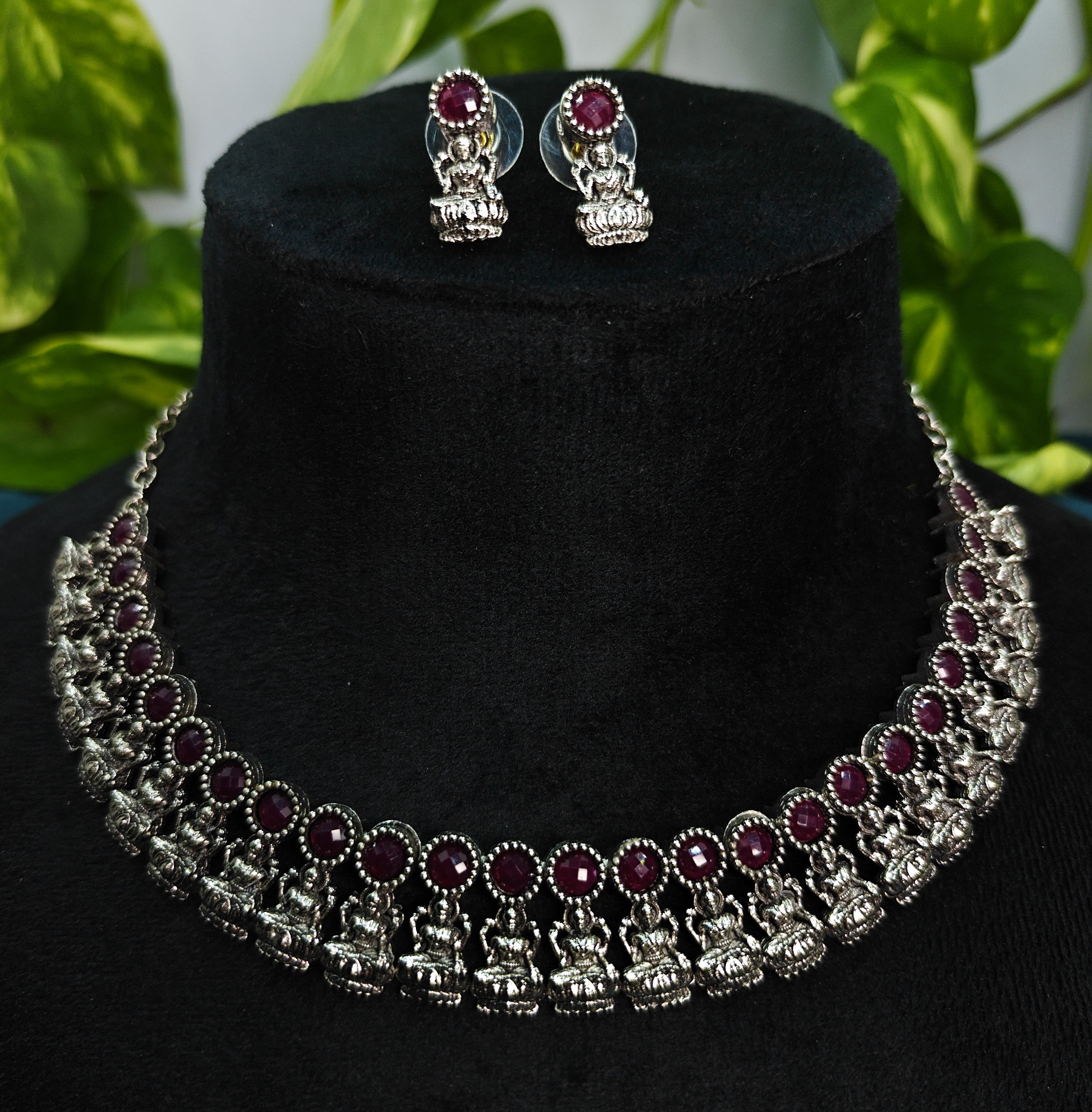 Antique Silver Ruby Maroon Lakshi Necklace Set for Women - Matte Finish