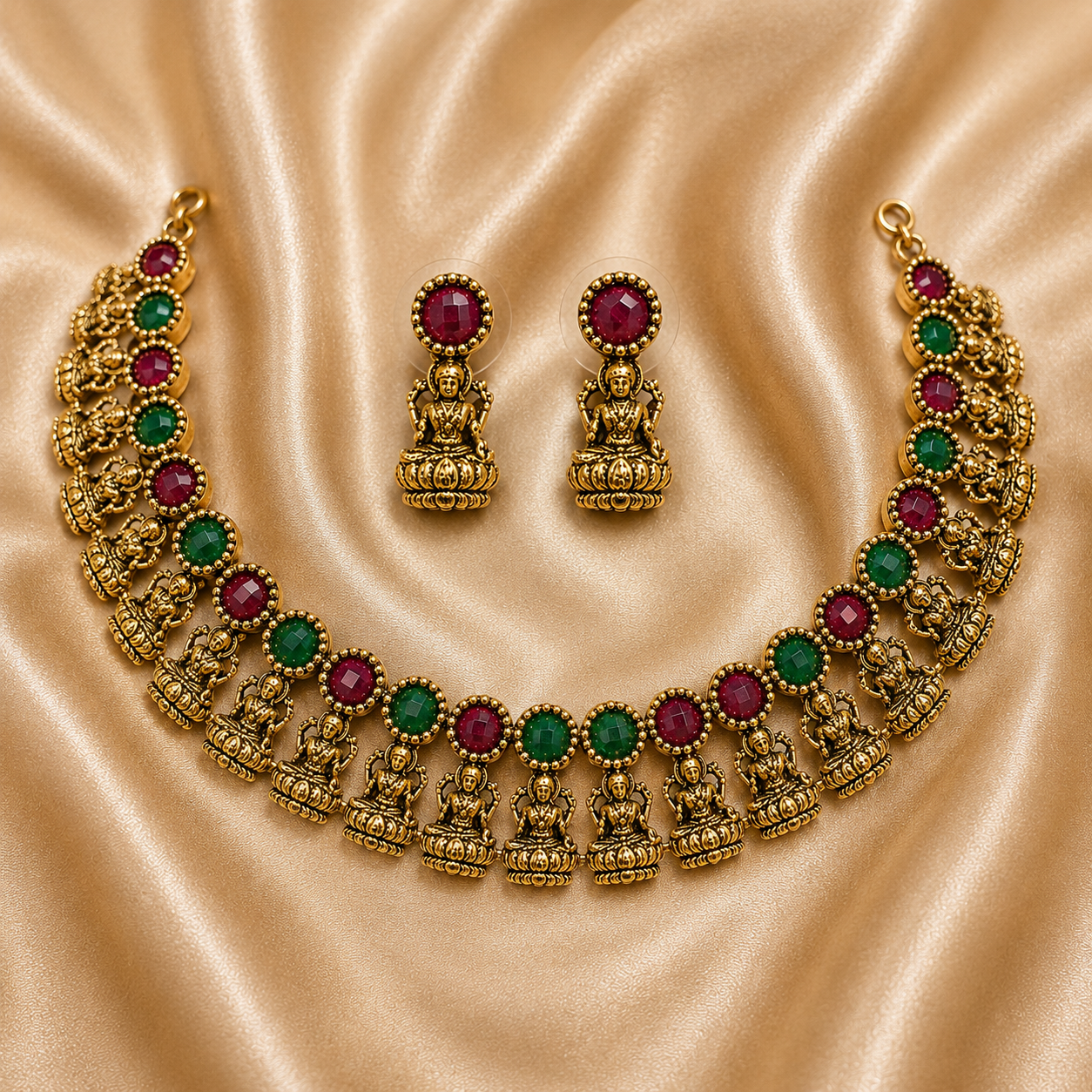 Antique Gold Ruby Emerald Lakshi Necklace Set for Women - Matte Finish