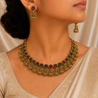 Antique Gold Ruby Emerald Lakshi Necklace Set for Women - Matte Finish