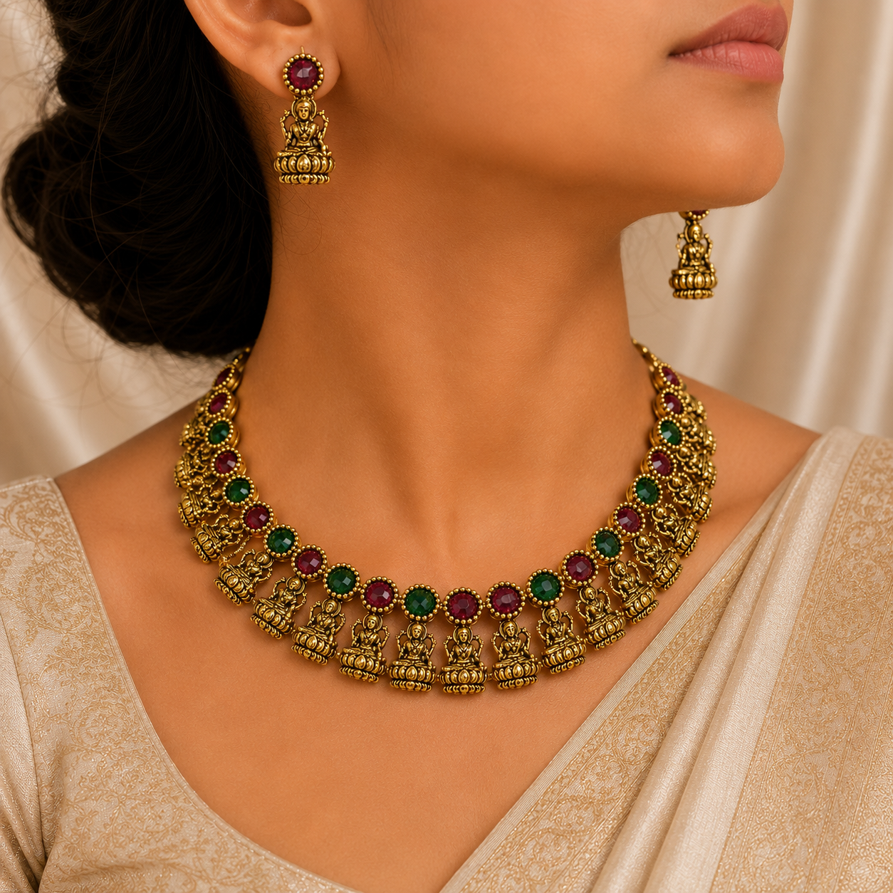 Antique Gold Ruby Emerald Lakshi Necklace Set for Women - Matte Finish