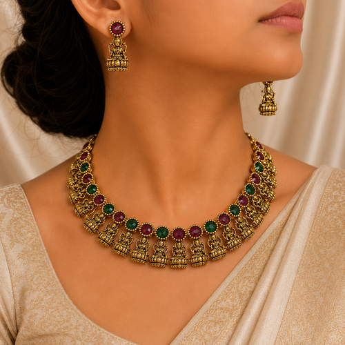 Antique Gold Ruby Emerald Lakshi Necklace Set for Women - Matte Finish