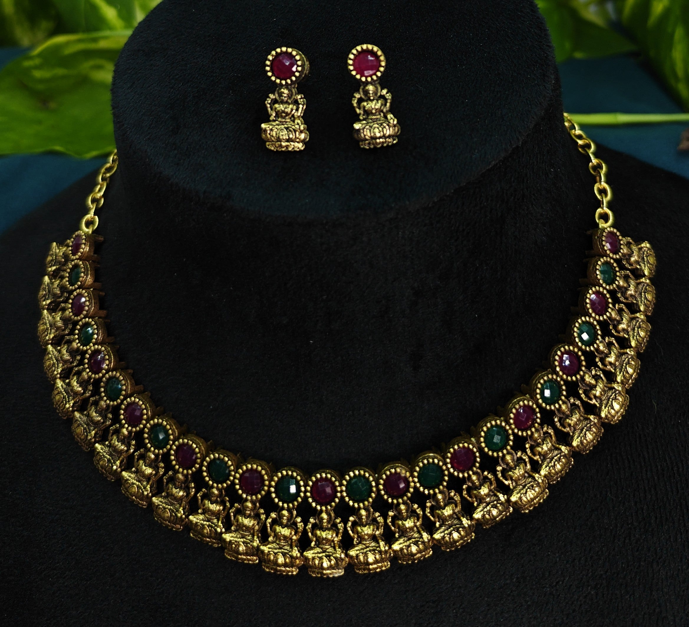 Antique Gold Ruby Emerald Lakshi Necklace Set for Women - Matte Finish