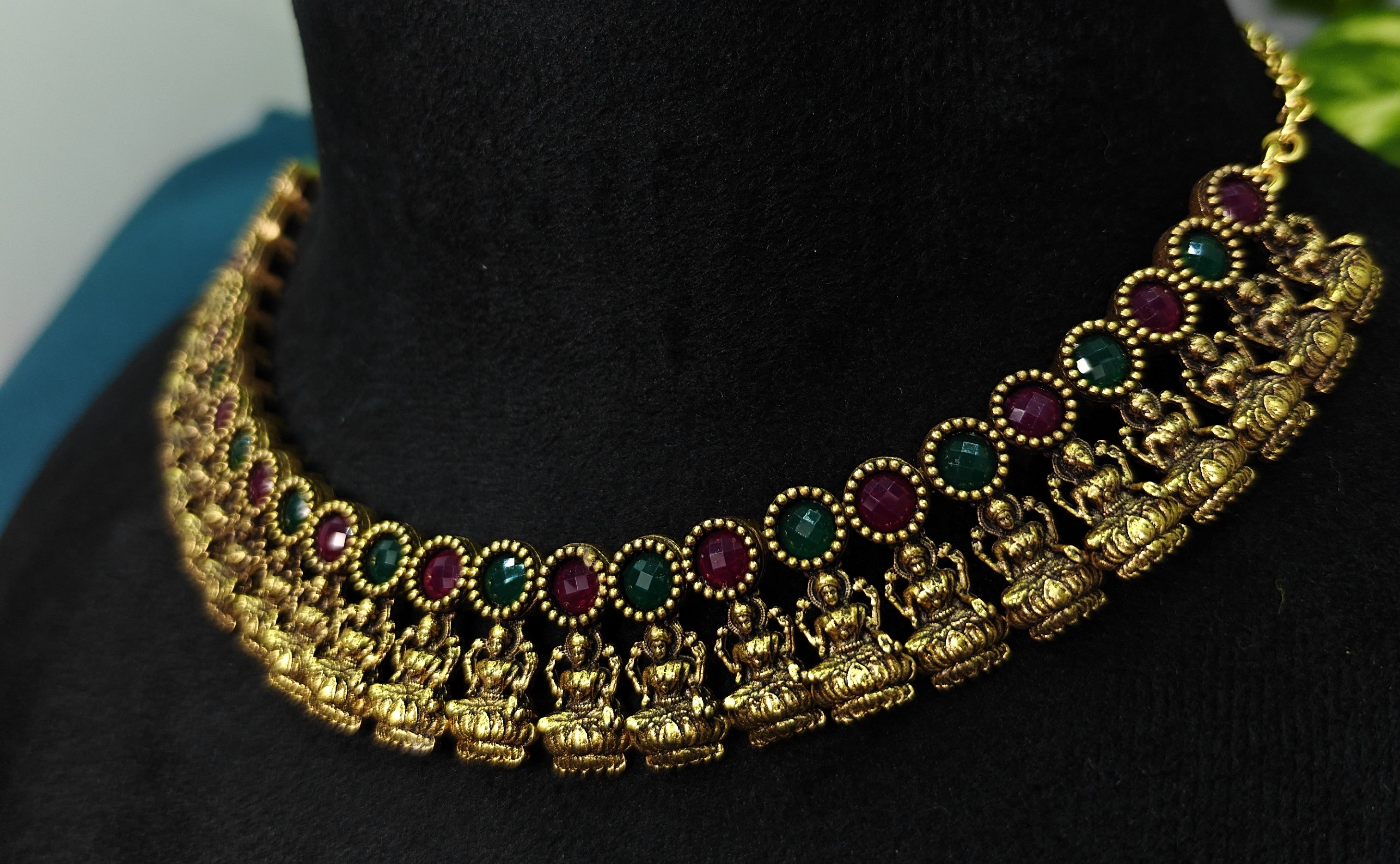 Antique Gold Ruby Emerald Lakshi Necklace Set for Women - Matte Finish