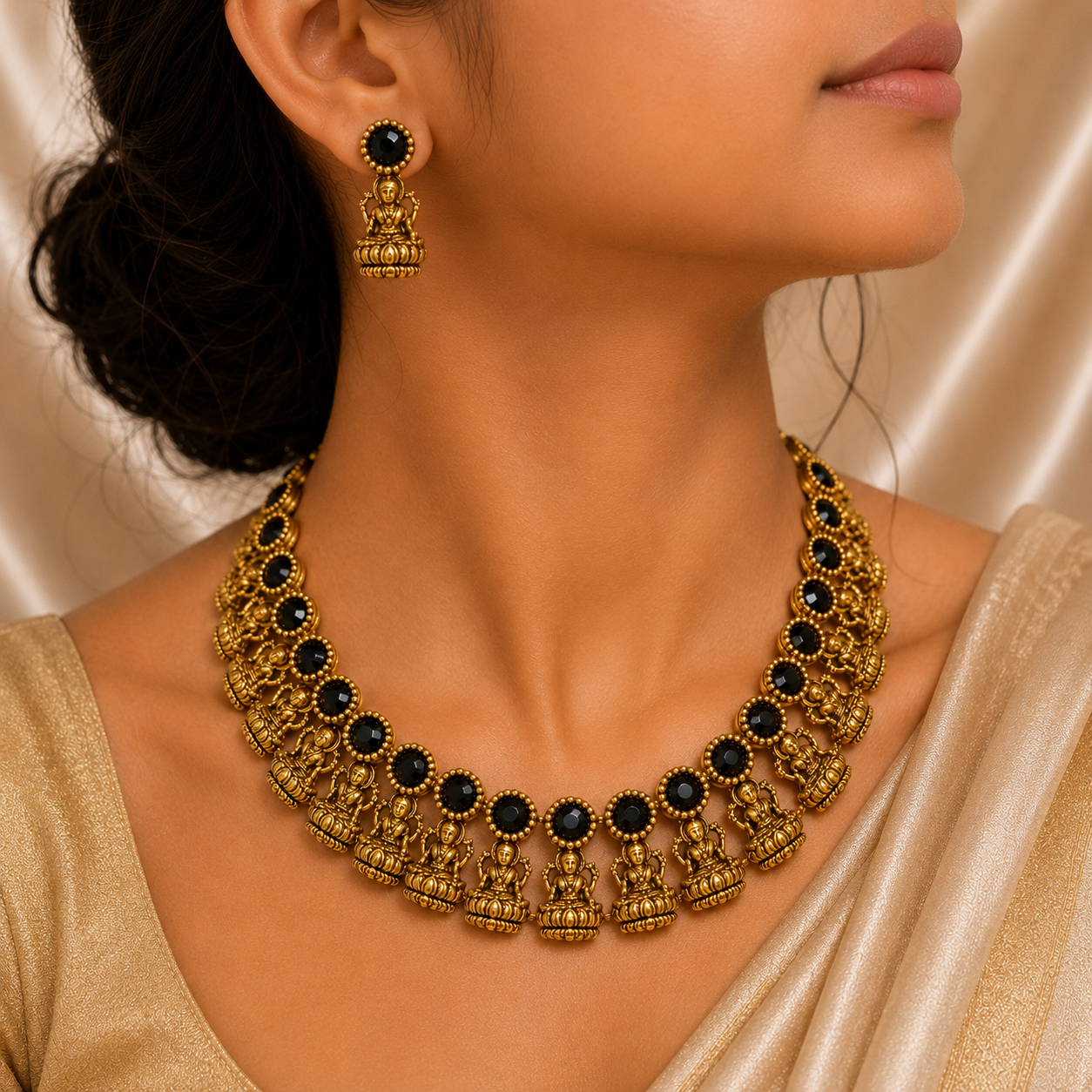 Antique Gold Black Kemp Lakshi Necklace Set for Women - Matte Finish