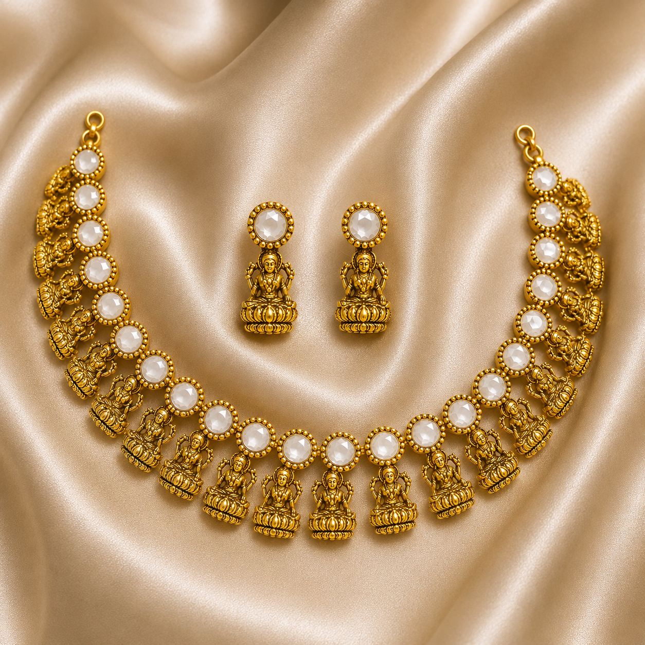 Antique Gold White Kundan Lakshi Necklace Set for Women - Matte Finish