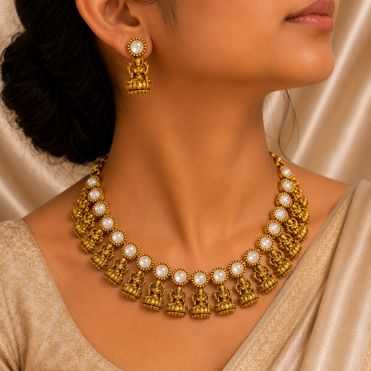 Antique Gold White Kundan Lakshi Necklace Set for Women - Matte Finish