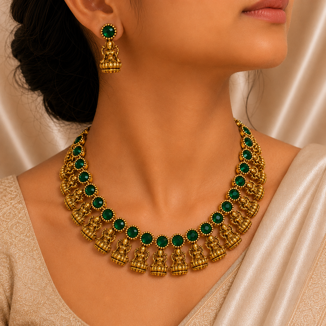 Antique Gold Emerald Green Lakshi Necklace Set for Women - Matte Finish