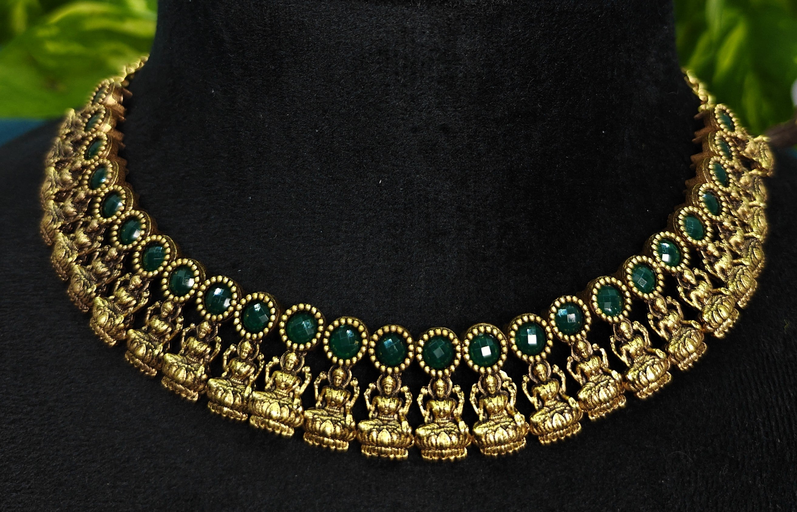 Antique Gold Emerald Green Lakshi Necklace Set for Women - Matte Finish