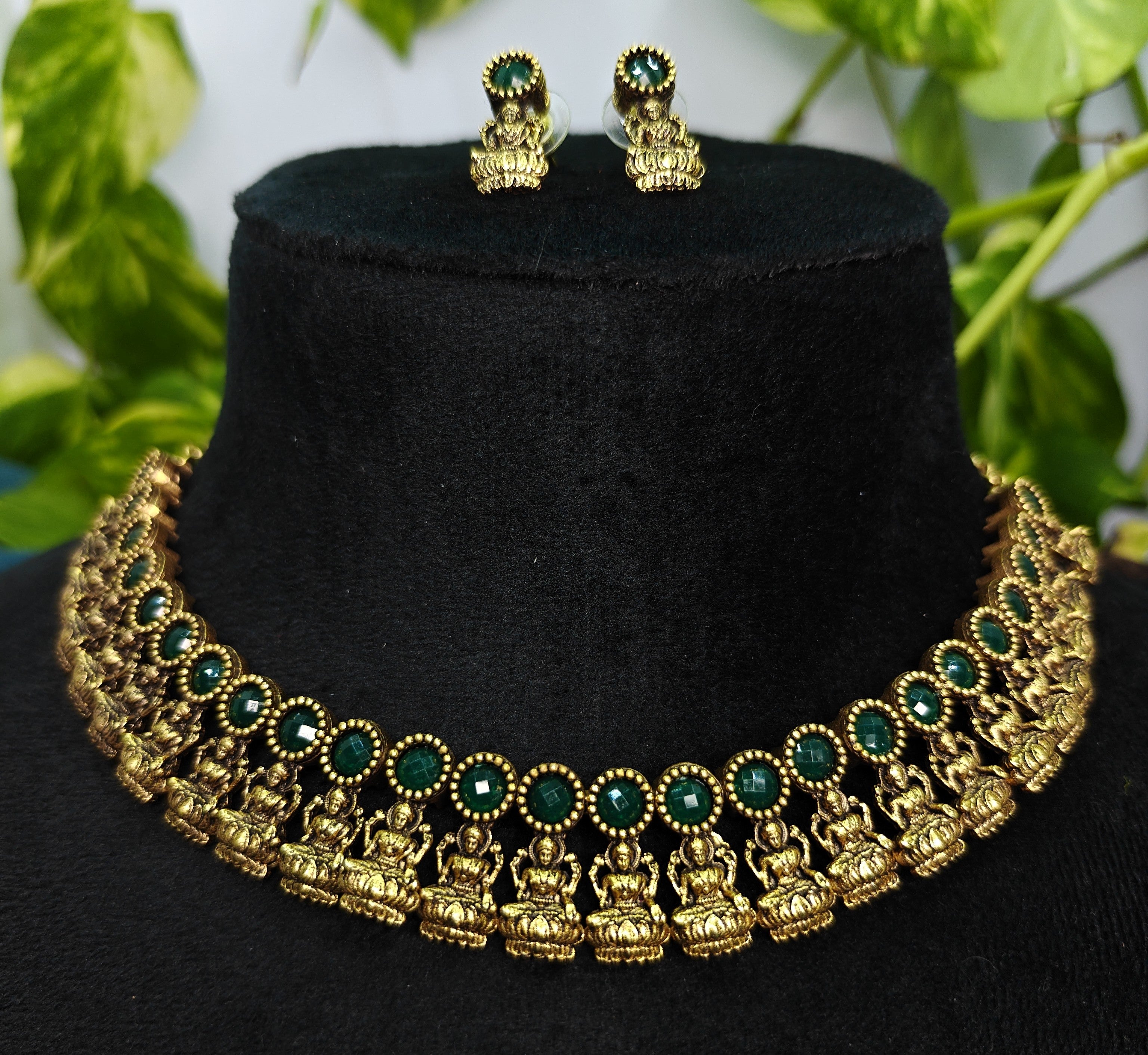 Antique Gold Emerald Green Lakshi Necklace Set for Women - Matte Finish