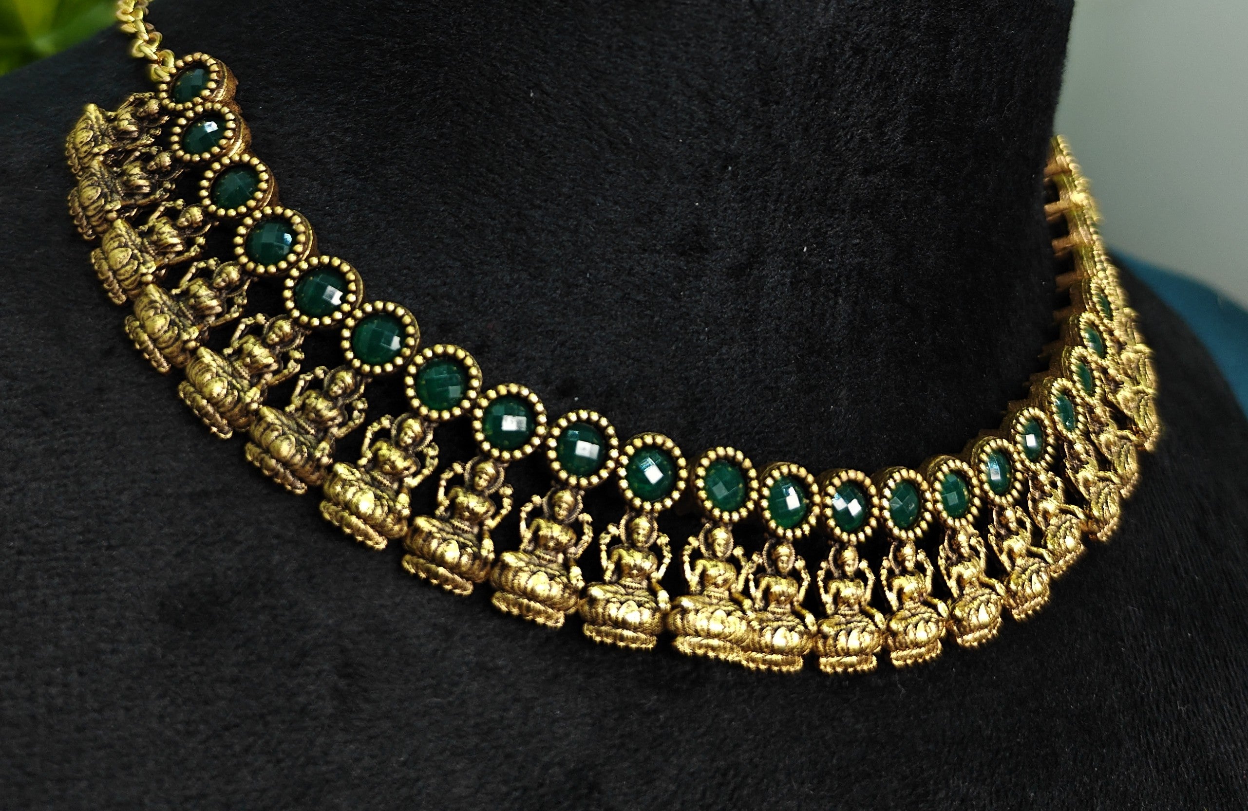 Antique Gold Emerald Green Lakshi Necklace Set for Women - Matte Finish