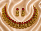 Antique Gold Ruby Red Lakshi Necklace Set for Women - Matte Finish