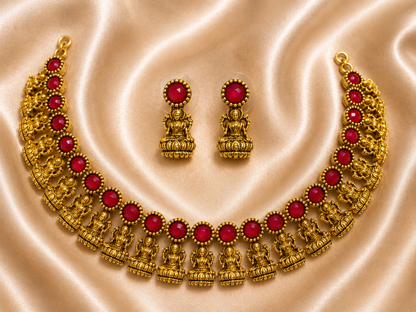 Antique Gold Ruby Red Lakshi Necklace Set for Women - Matte Finish