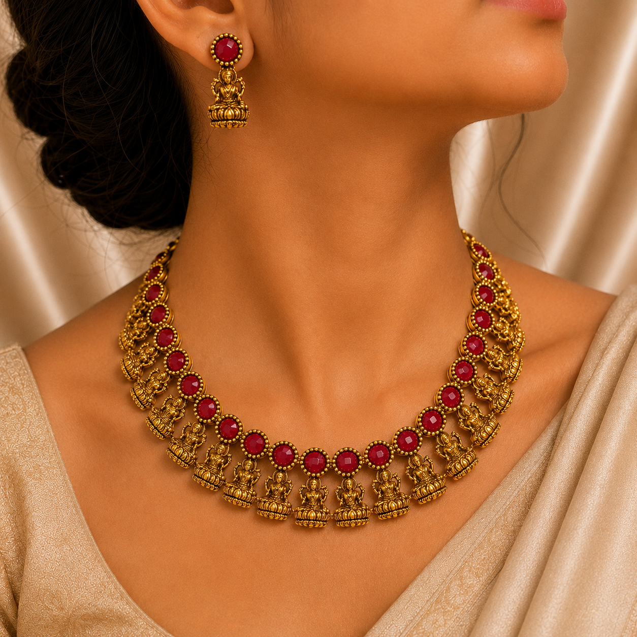 Antique Gold Ruby Red Lakshi Necklace Set for Women - Matte Finish