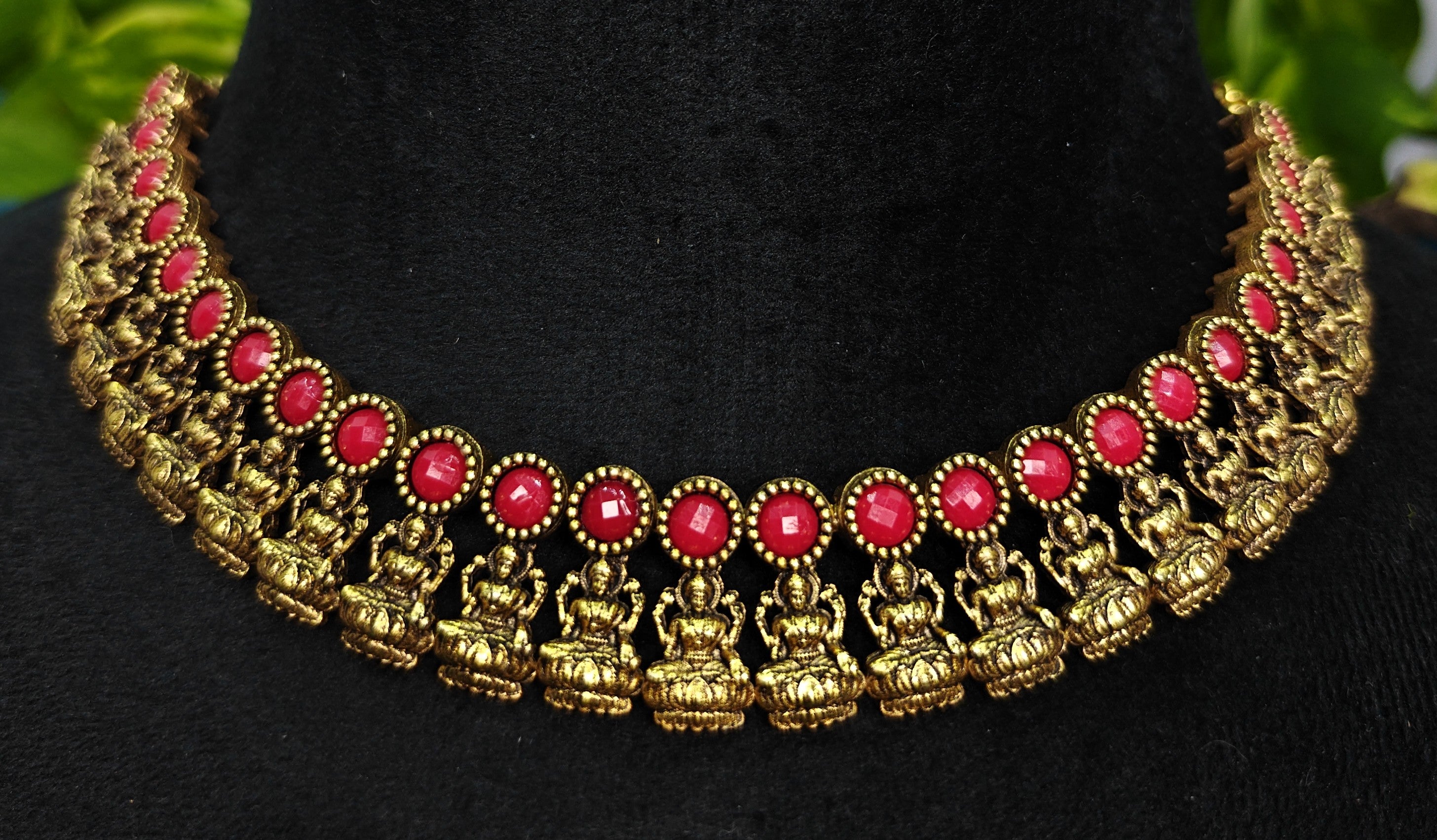 Antique Gold Ruby Red Lakshi Necklace Set for Women - Matte Finish