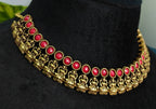 Antique Gold Ruby Red Lakshi Necklace Set for Women - Matte Finish