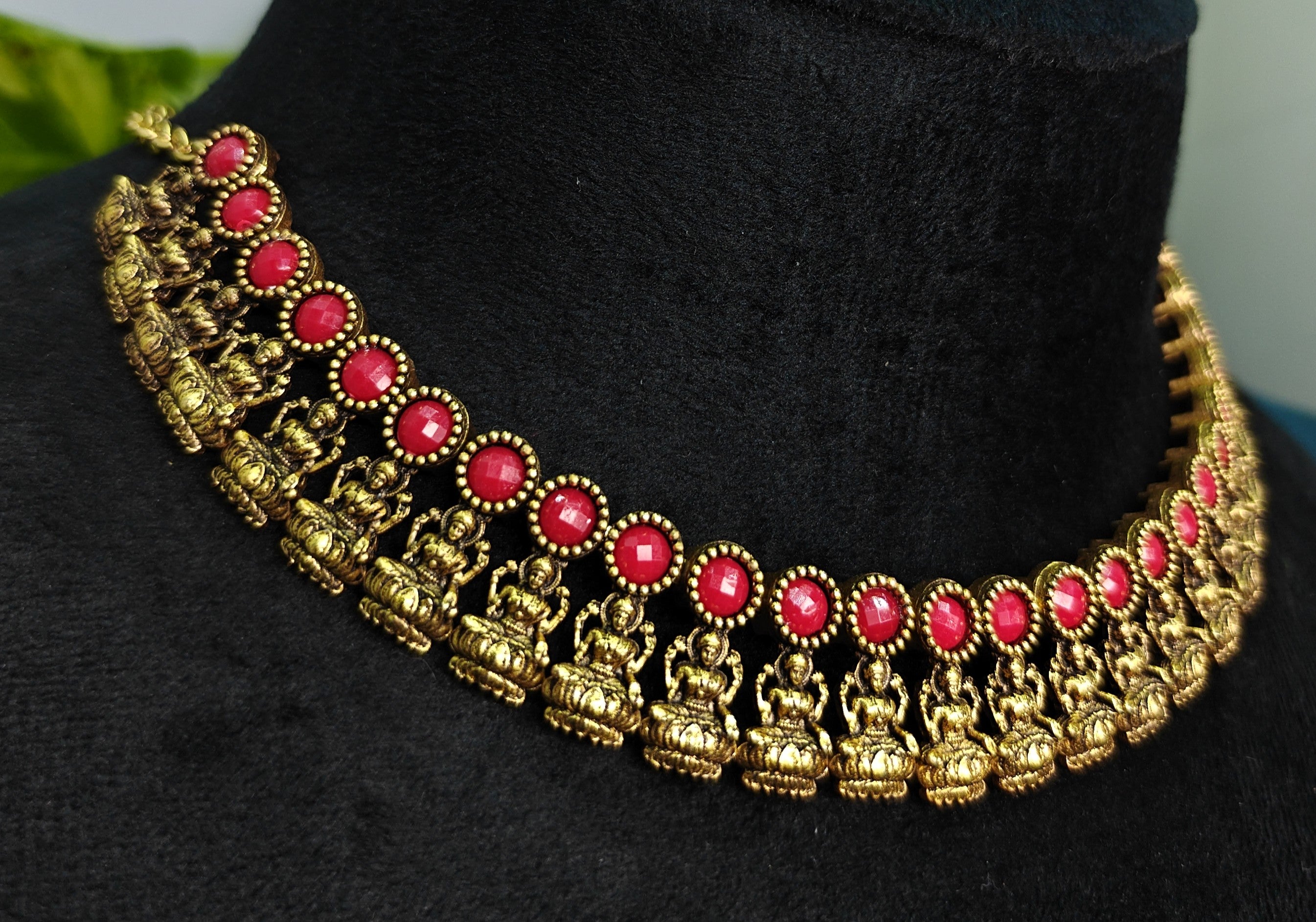 Antique Gold Ruby Red Lakshi Necklace Set for Women - Matte Finish