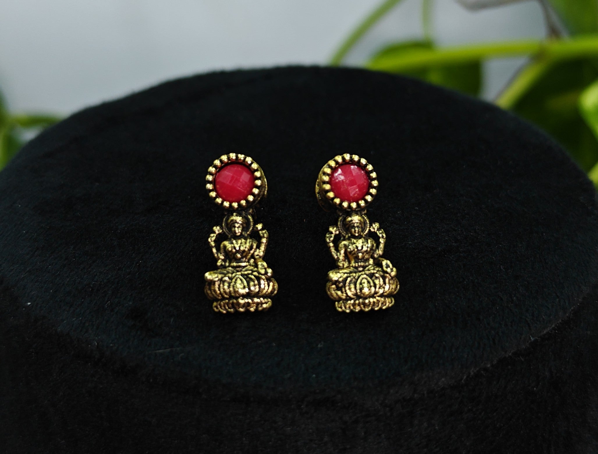 Antique Gold Ruby Red Lakshi Necklace Set for Women - Matte Finish