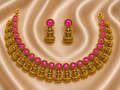 Antique Gold Magenta Lakshi Necklace Set for Women - Matte Finish
