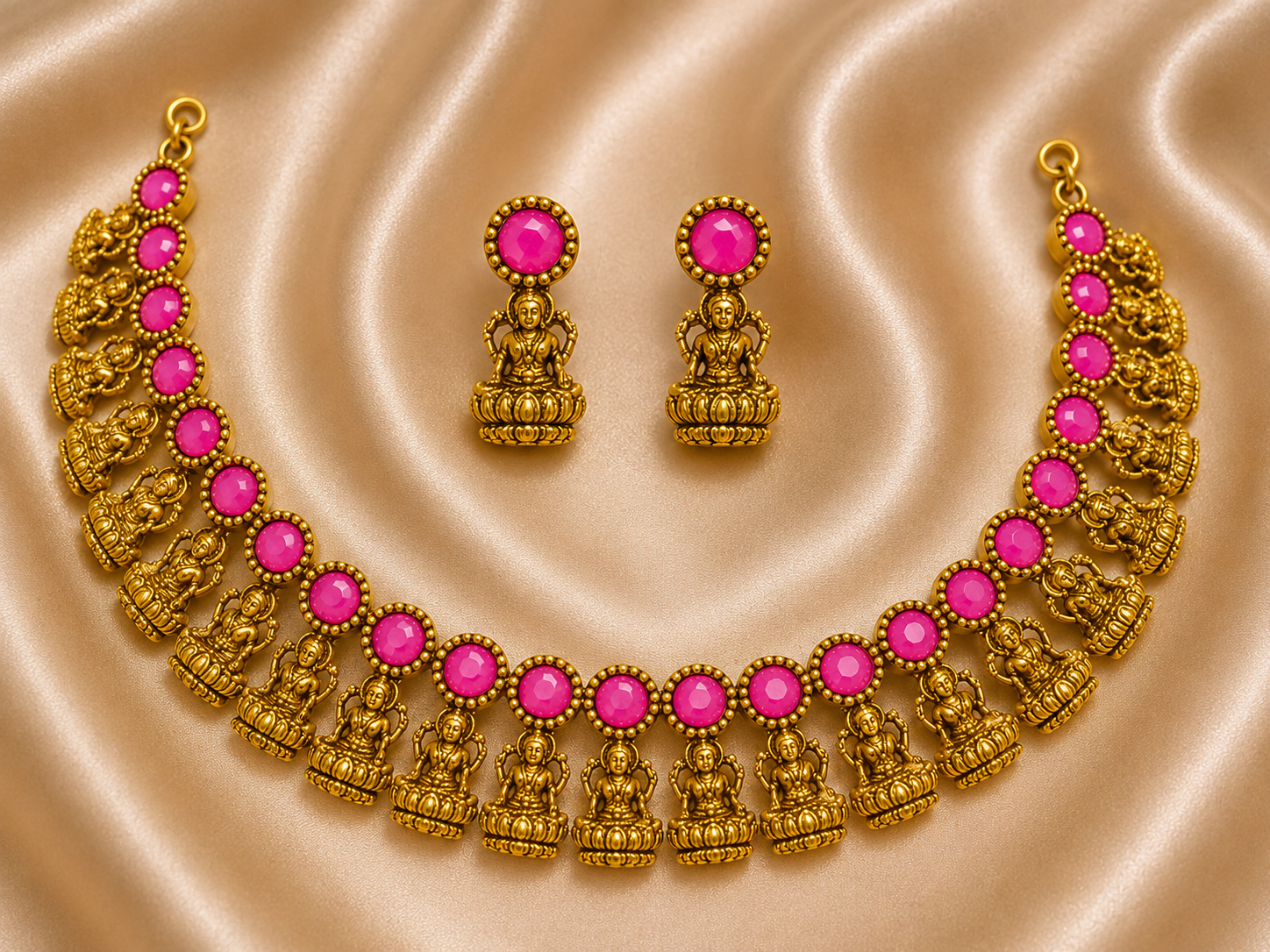 Antique Gold Magenta Lakshi Necklace Set for Women - Matte Finish