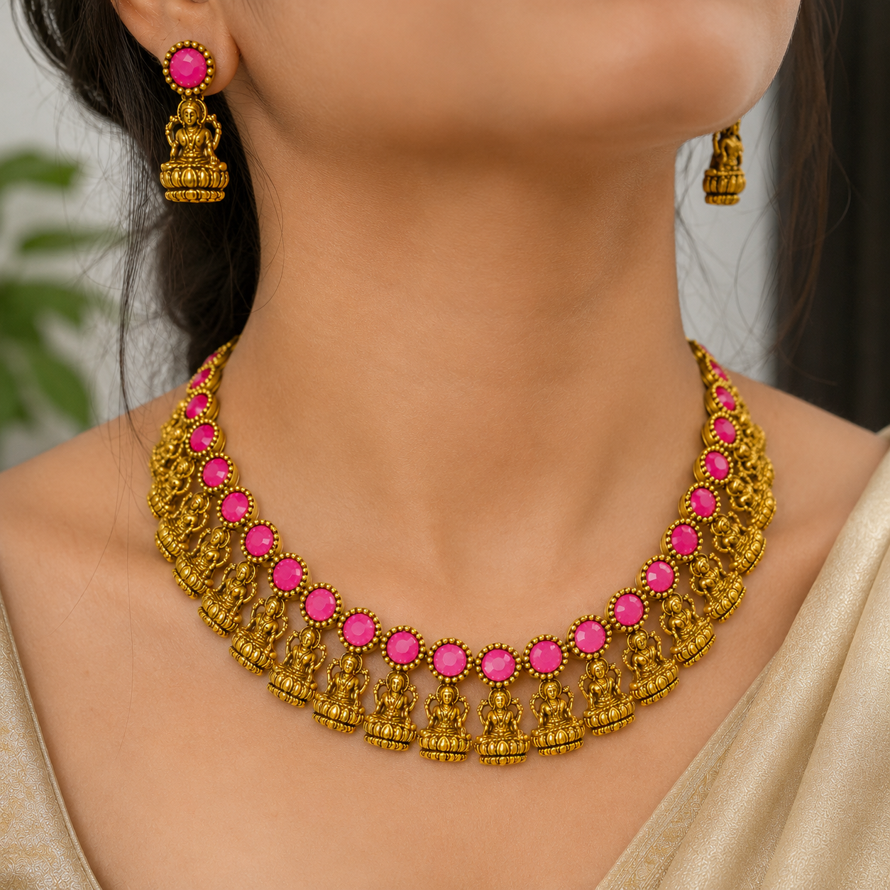 Antique Gold Magenta Lakshi Necklace Set for Women - Matte Finish