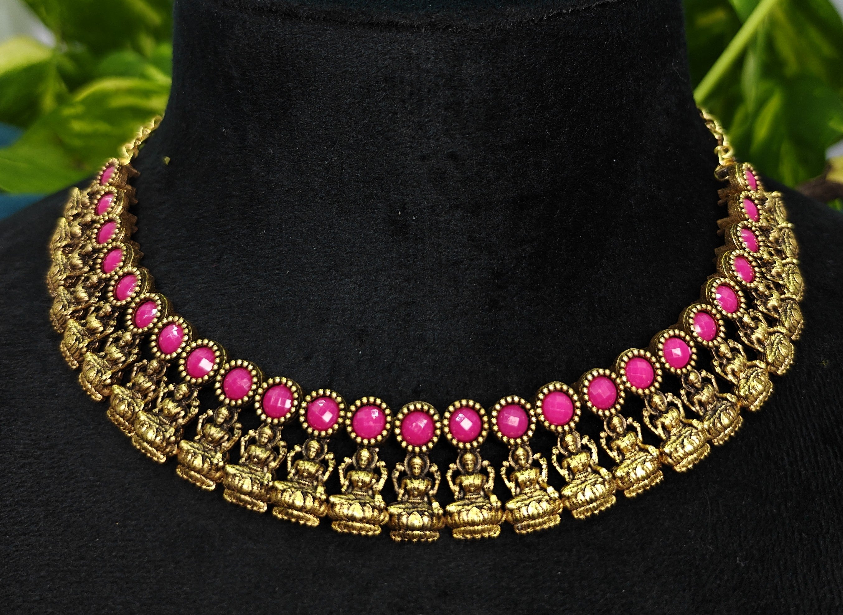 Antique Gold Magenta Lakshi Necklace Set for Women - Matte Finish