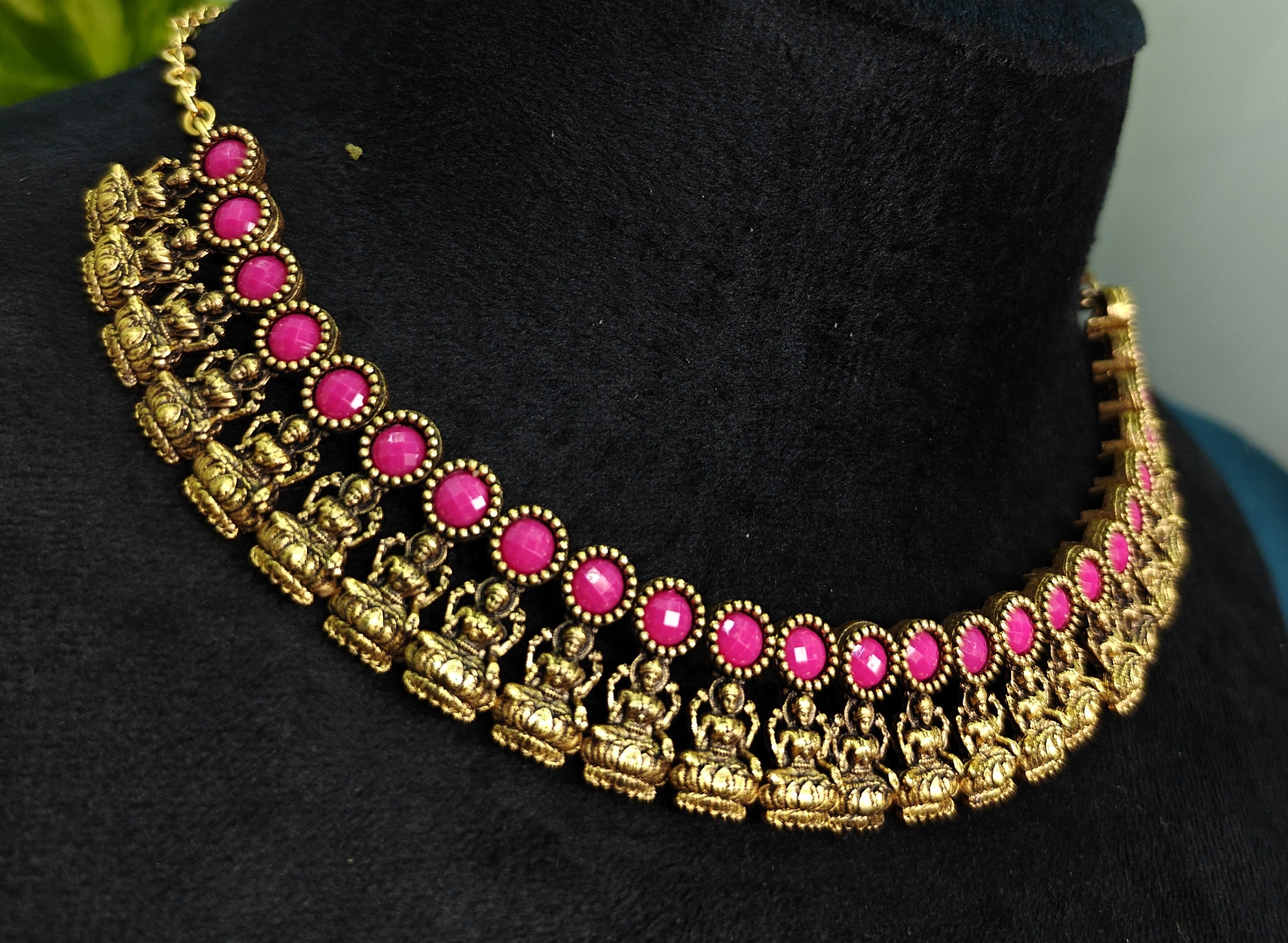 Antique Gold Magenta Lakshi Necklace Set for Women - Matte Finish