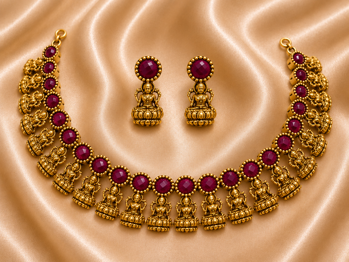 Antique Gold Ruby Maroon Lakshi Necklace Set for Women - Matte Finish