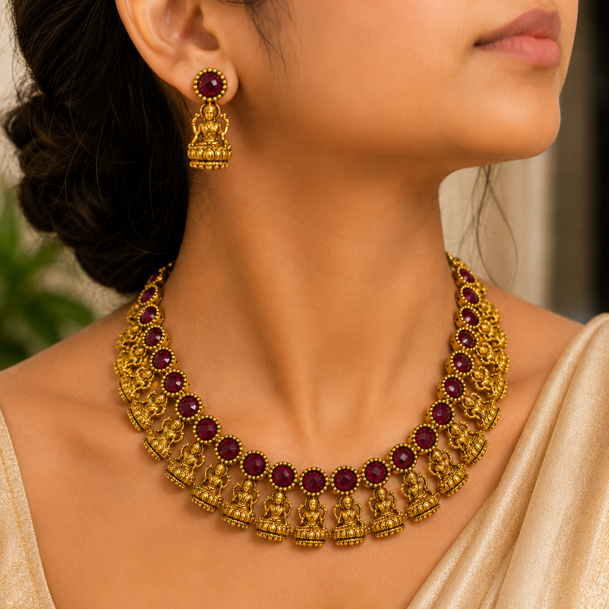 Antique Gold Ruby Maroon Lakshi Necklace Set for Women - Matte Finish
