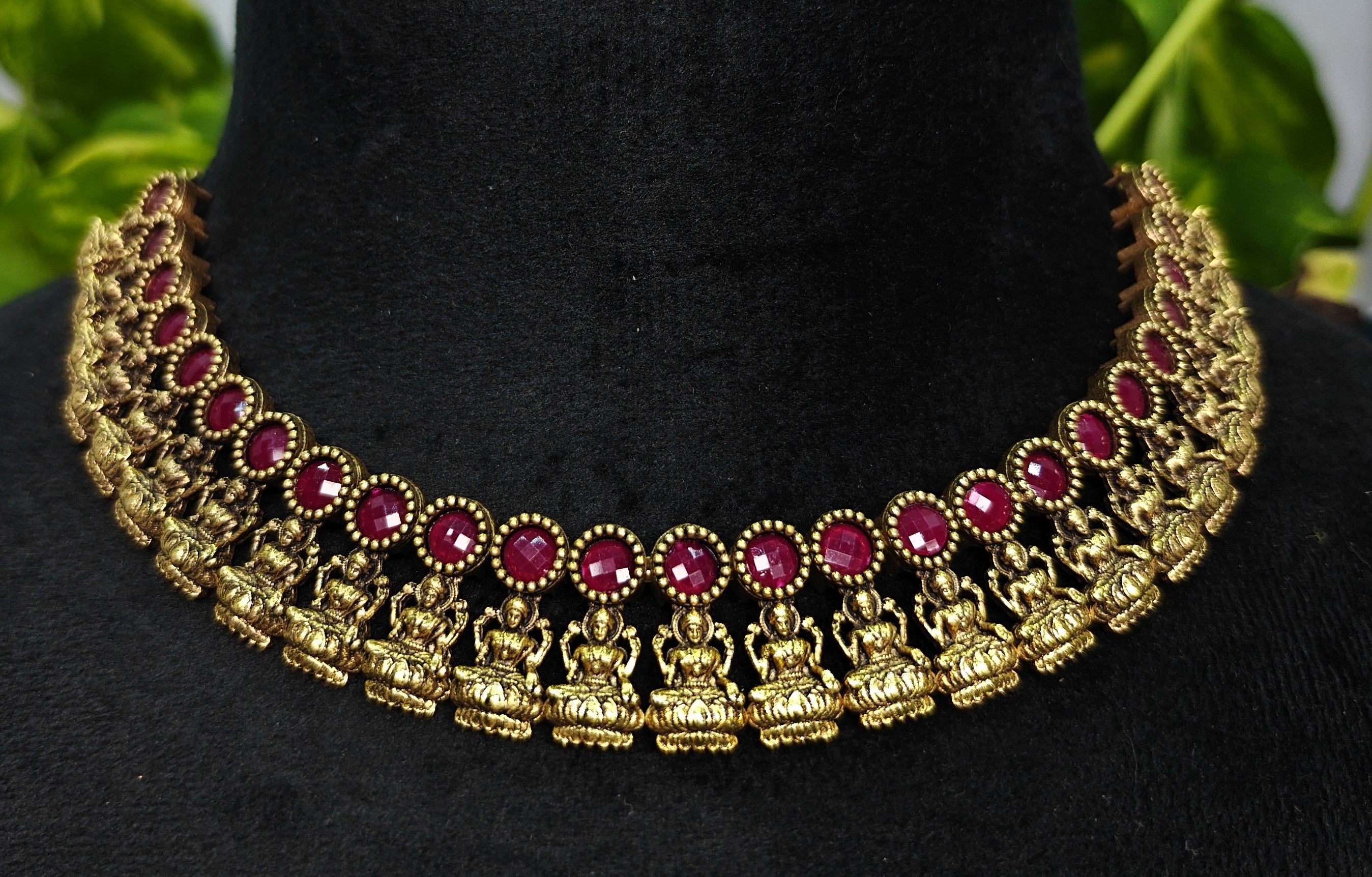Antique Gold Ruby Maroon Lakshi Necklace Set for Women - Matte Finish