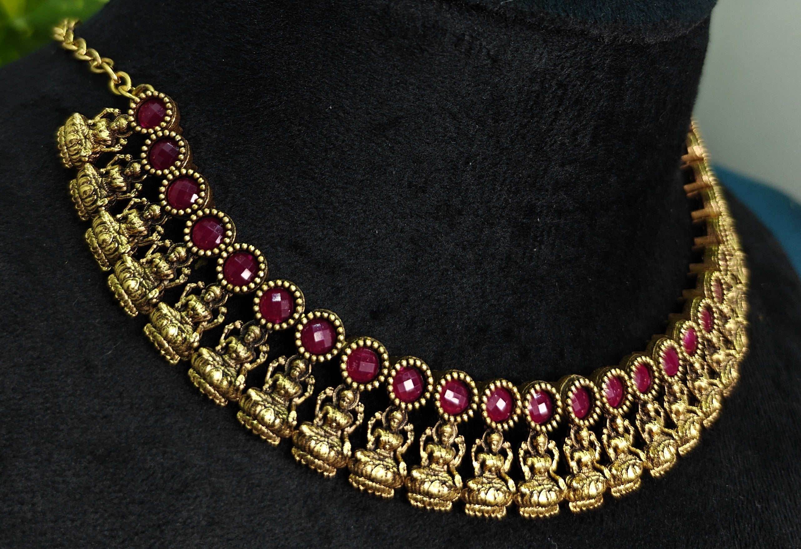 Antique Gold Ruby Maroon Lakshi Necklace Set for Women - Matte Finish