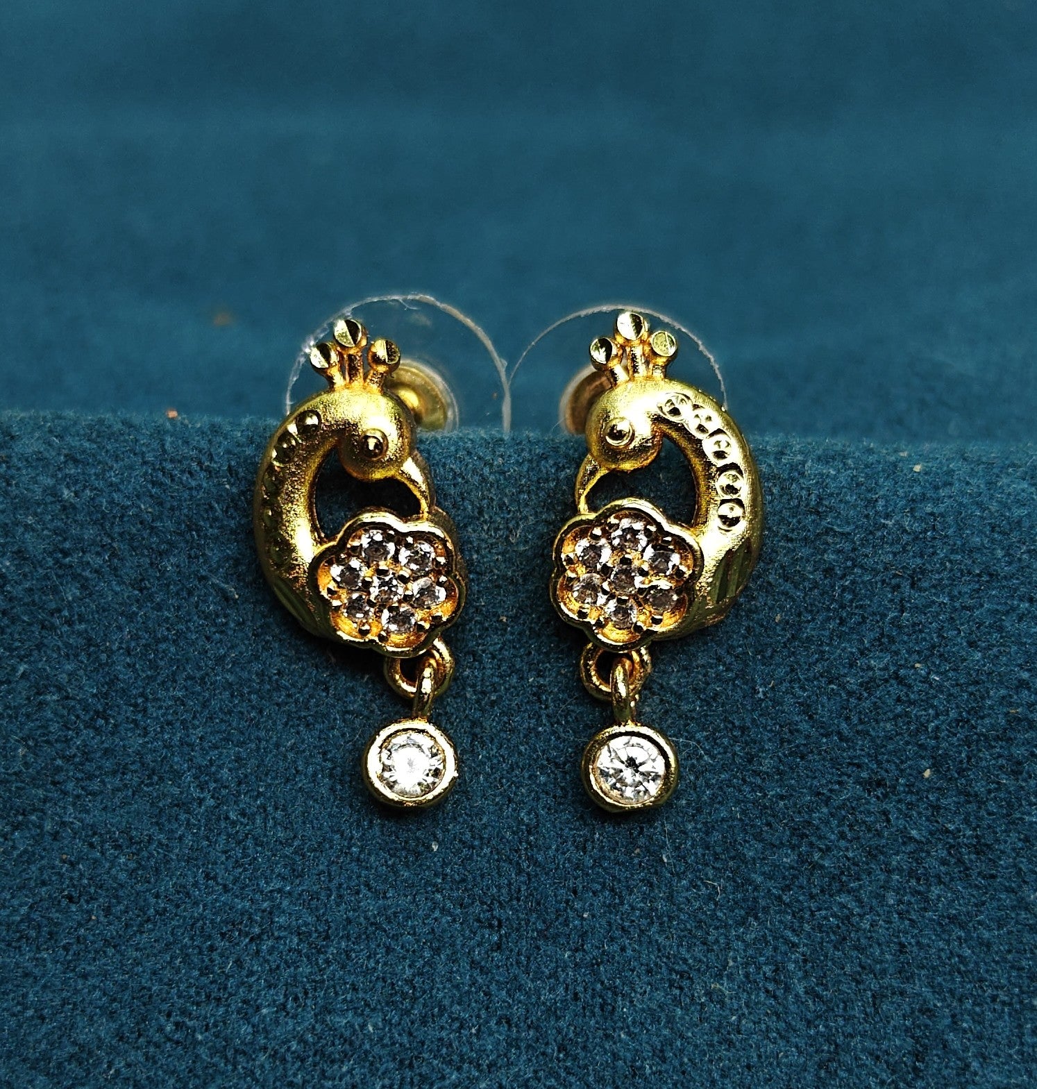Gold-Tone Premium Twin Peacock AD Drop Earring for Women - Glossy Finish