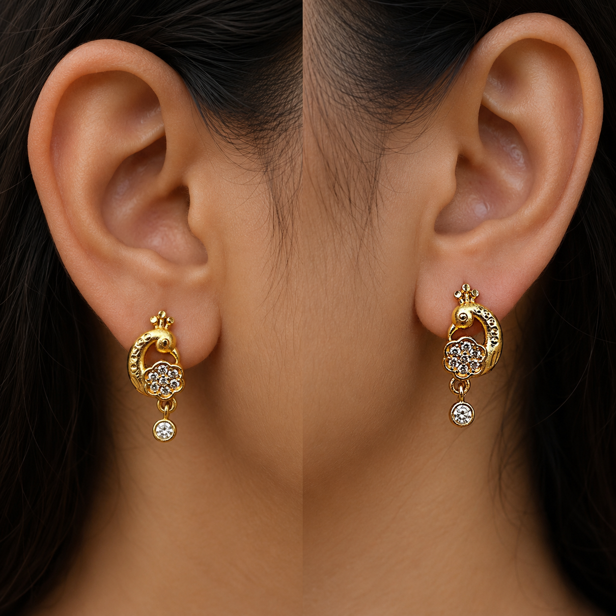 Gold-Tone Premium Twin Peacock AD Drop Earring for Women - Glossy Finish