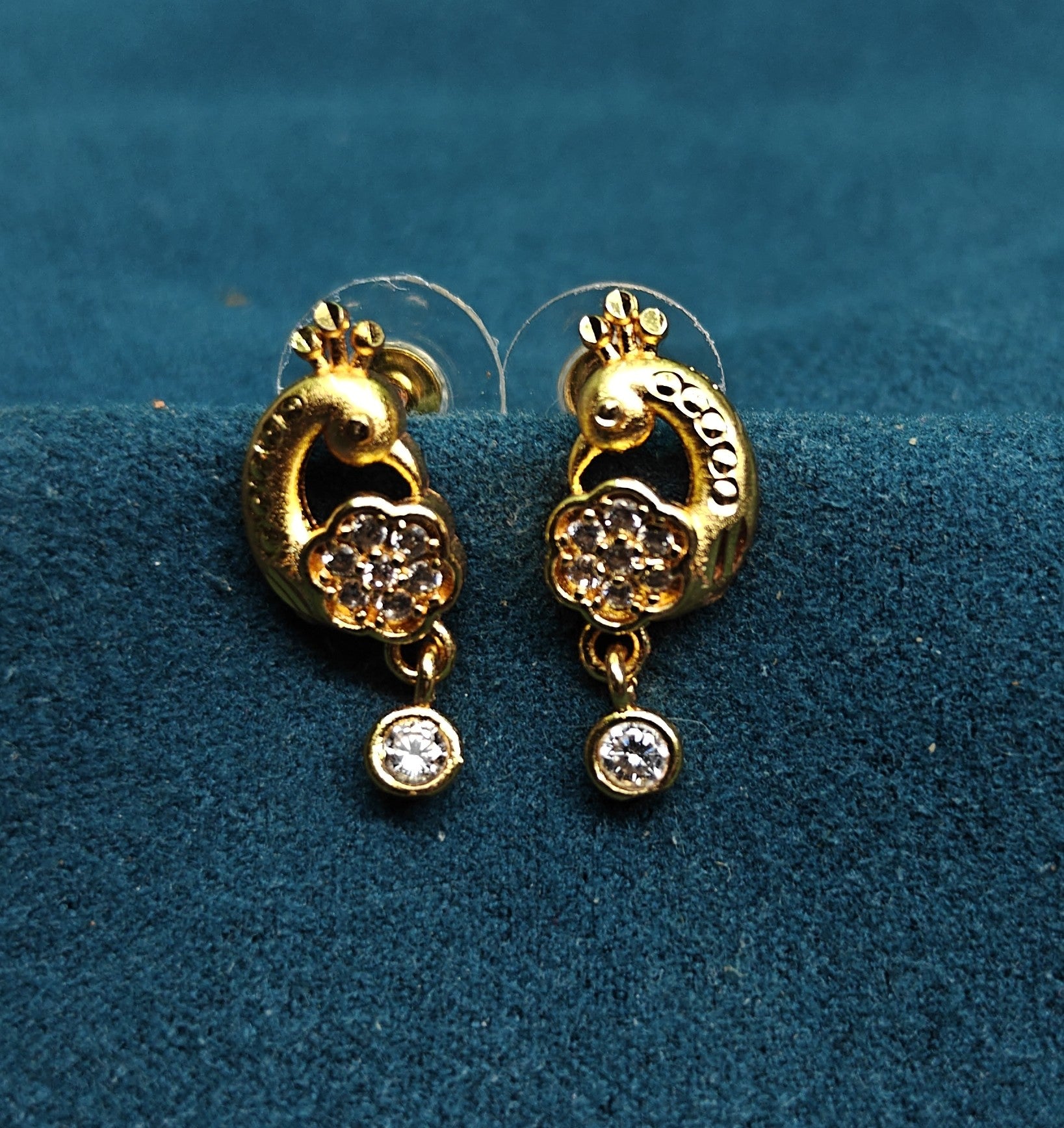 Gold-Tone Premium Twin Peacock AD Drop Earring for Women - Glossy Finish