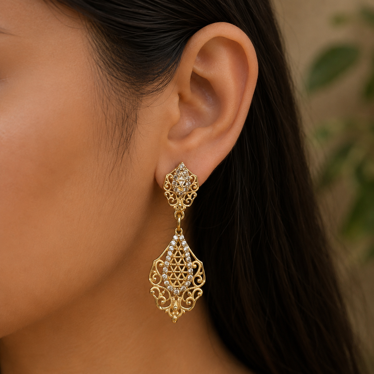 Gold-Tone Premium Tear Drop AD Earrings for Women - Golden Finish