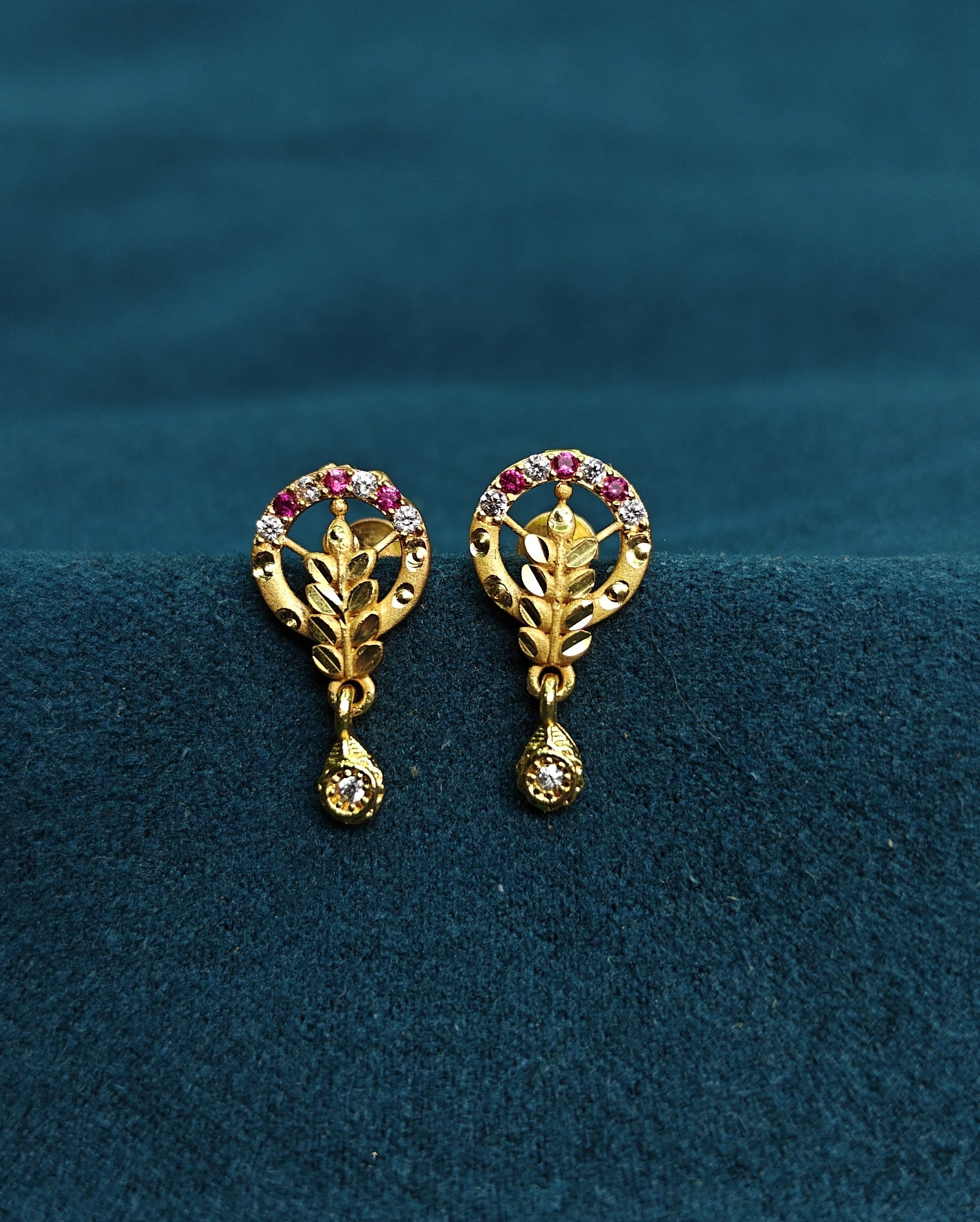 Gold-Tone Premium Ruby White Stone Leaf Earrings for Women - Golden Finish