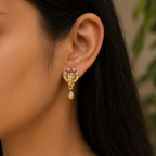 Gold-Tone Premium Ruby White Stone Leaf Earrings for Women - Golden Finish