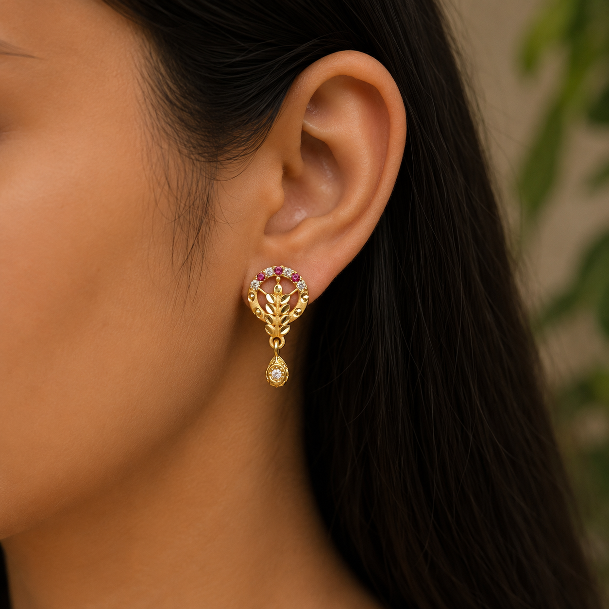 Gold-Tone Premium Ruby White Stone Leaf Earrings for Women - Golden Finish