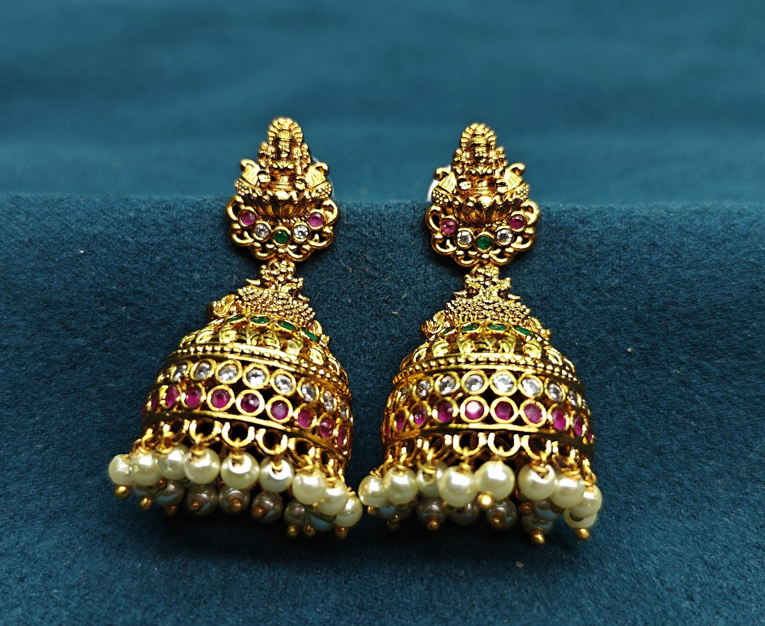 Gold-Tone Premium Traditional Jumka with CZ Stone and Lakshmi Motif with White Pearl for Women - Matte Finish
