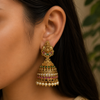 Gold-Tone Premium Traditional Jumka with CZ Stone and Lakshmi Motif with White Pearl for Women - Matte Finish