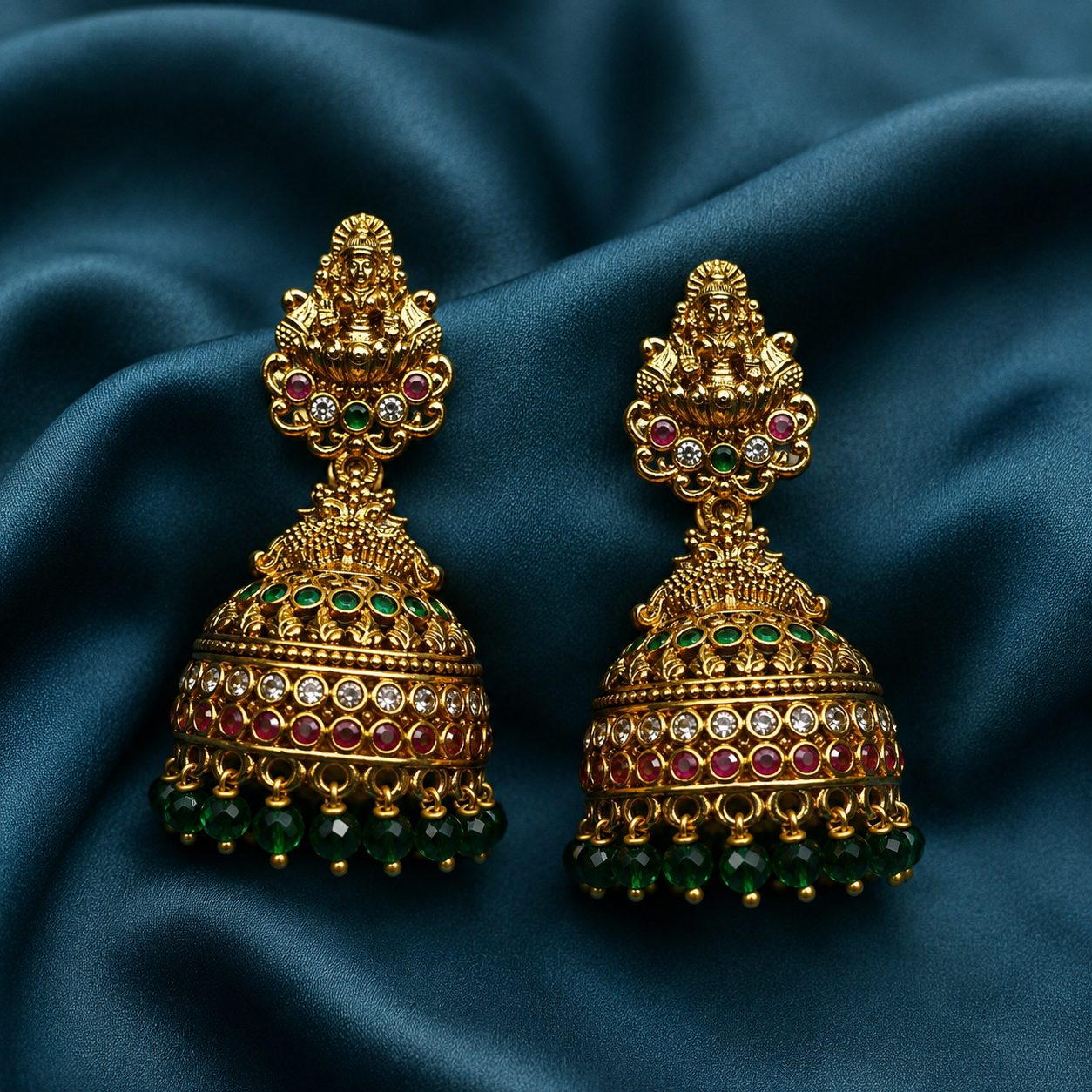 Gold-Tone Premium Traditional Jumka with CZ Stone and Lakshmi Motif with Green Pearl for Women - Matte Finish