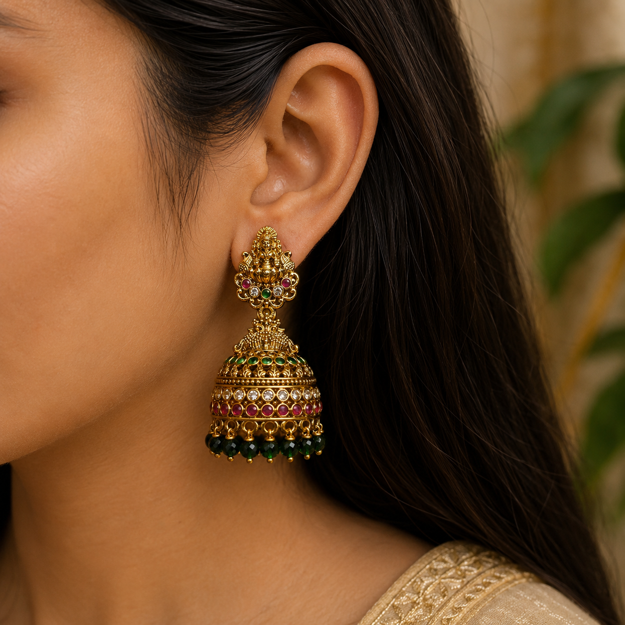 Gold-Tone Premium Traditional Jumka with CZ Stone and Lakshmi Motif with Green Pearl for Women - Matte Finish