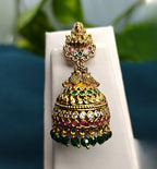 Gold-Tone Premium Traditional Jumka with CZ Stone and Lakshmi Motif with Green Pearl for Women - Matte Finish