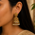 Gold-Tone Premium Traditional Lakshmi Peacock AD Jumka for Women - Matte Finish