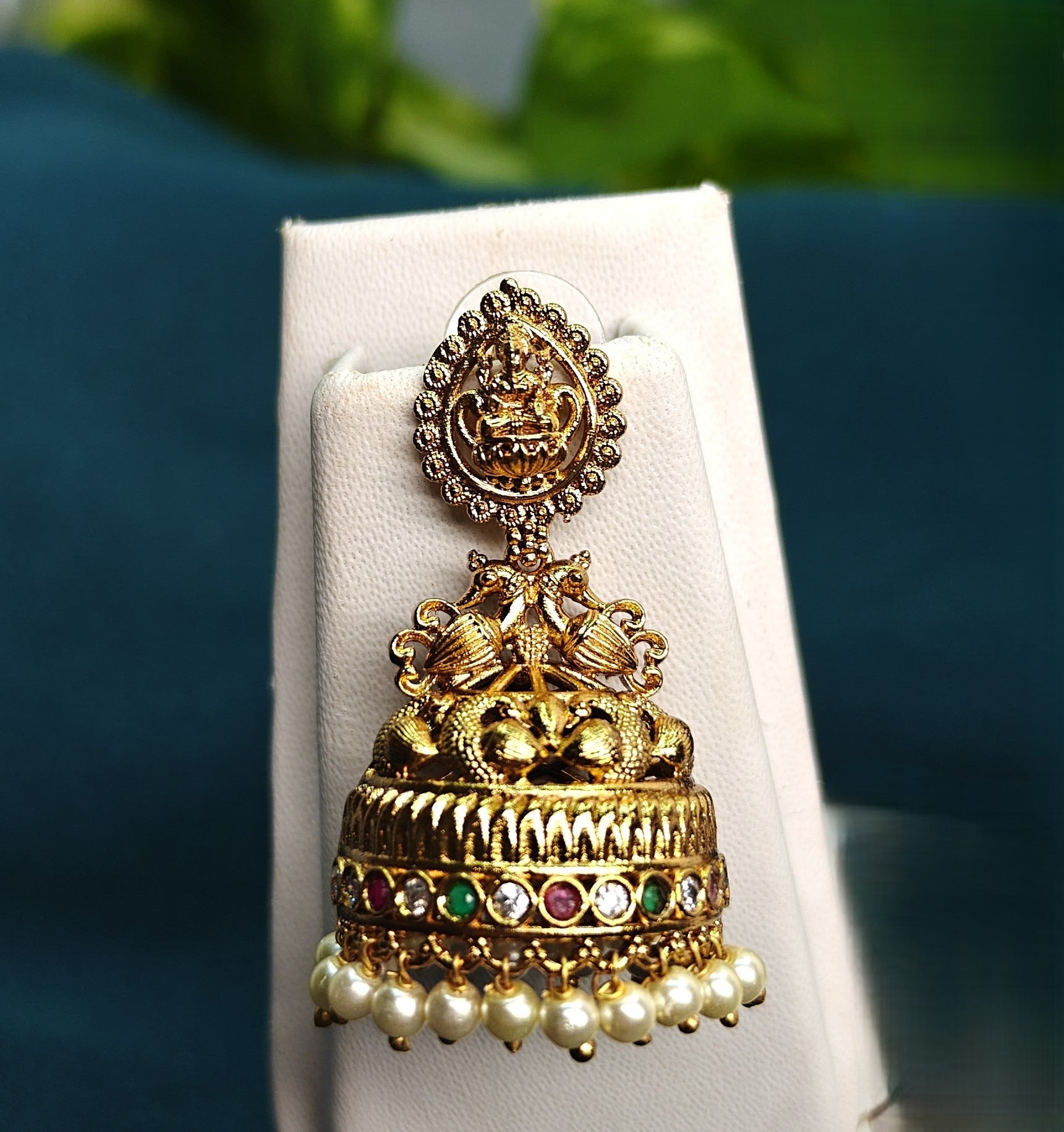 Gold-Tone Premium Traditional Lakshmi Peacock AD Jumka for Women - Matte Finish