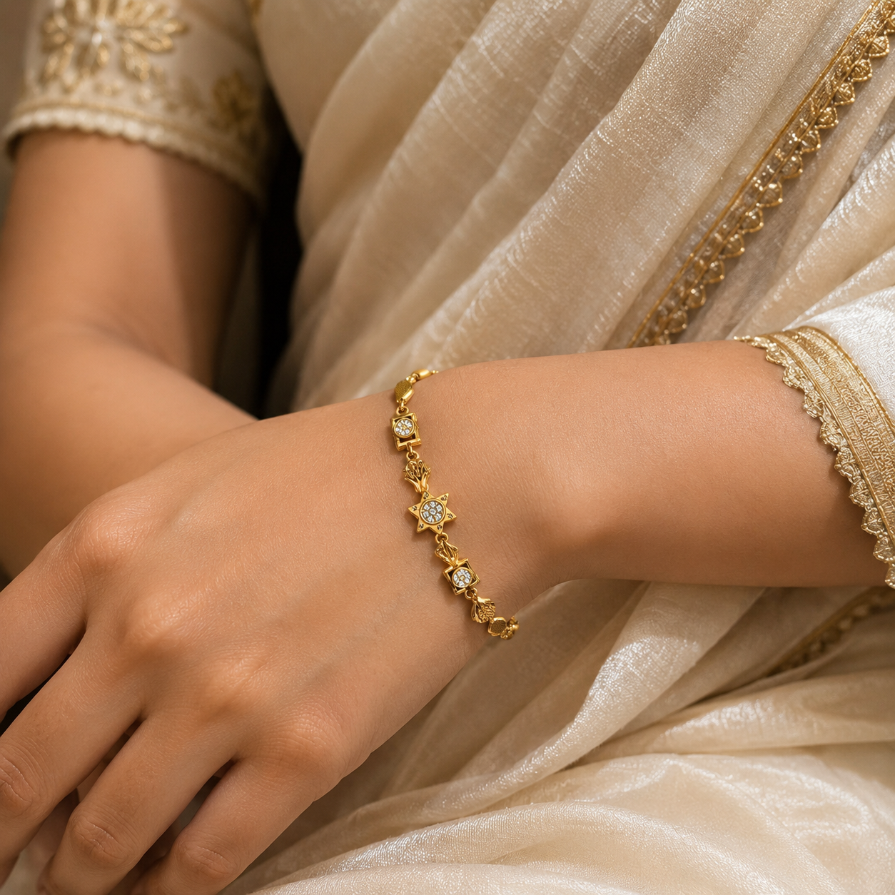 Gold-Tone Premium Elegant Heart and Geometrical Design Bracelet for Women - Glossy Finish